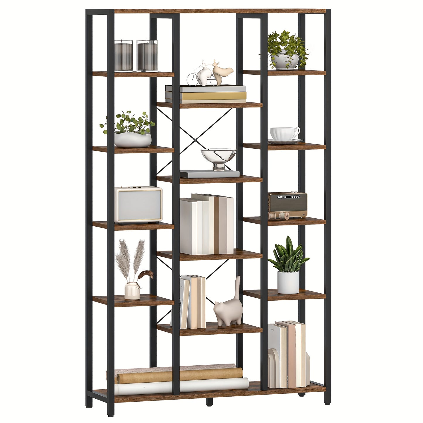 Boekenkast – Boekenkast Vakkenkast – Wandkast – Opbergkast – 6 Lagen Met 15 Open Planken – Verstelbare Planken – Vintage Kleur – 30x100x170 cm – Metaal En Hout
