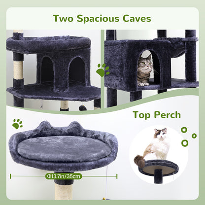Kattenkrabpaal – Krabpaal – Krabmeubel – Kattenboom – Krabton – Extra Stevig En Ruim – 72 Inch Hoog Voor Grote Katten Vanaf 9 Kg – Met 6 Krabpalen En Hangmat – Donkergrijs