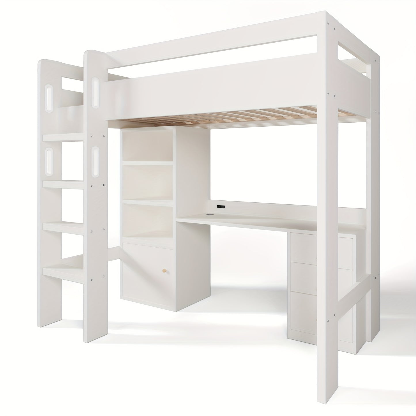 Loft Bed, Desk, Wardrobe And Filing Cabinet with Stairs And Slatted Shelves, Storage Space, 90 X 200, Mattress Not Included