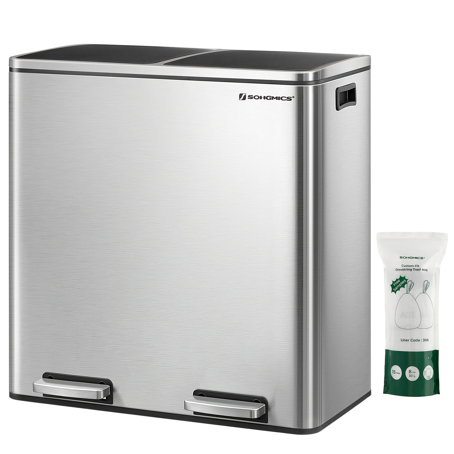 Dubbele Afvalbak – Recycling Bin – Vuilnisbak – Prullenbak – Twee Compartimenten – 2 x 30L – Metalen Pedaalbak – Soft Close Deksel – Inclusief 15 Vuilniszakken – Plastic Binnenemmers