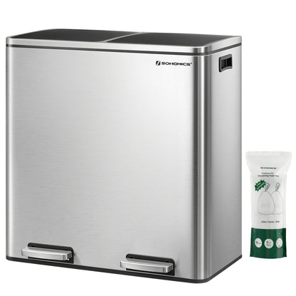 Dubbele Afvalbak – Recycling Bin – Vuilnisbak – Prullenbak – Twee Compartimenten – 2 x 30L – Metalen Pedaalbak – Soft Close Deksel – Inclusief 15 Vuilniszakken – Plastic Binnenemmers