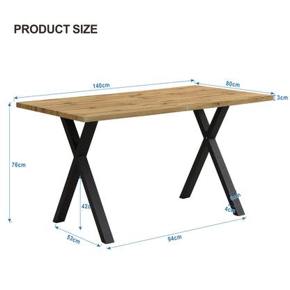 Durable and sturdy dining table with cross-leg design, rectangular shape, modern minimalist wrought iron dining table, 140*80*76cm, suitable for dining room, living room, hallway, color is natural wood.