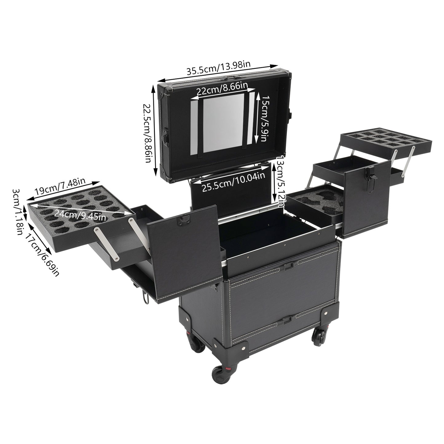 YIYIBYUS Professional Right-Angle Rolling Makeup Trolley - Durable PU Beauty Organizer with Multiple Compartments & Trays, Black Cosmetic Case for Makeup Artists, Nail Technicians, Hairdressers - Salon & Travel Use