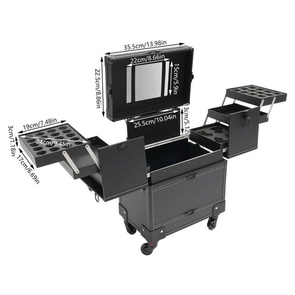 YIYIBYUS Professional Right-Angle Rolling Makeup Trolley - Durable PU Beauty Organizer with Multiple Compartments & Trays, Black Cosmetic Case for Makeup Artists, Nail Technicians, Hairdressers - Salon & Travel Use