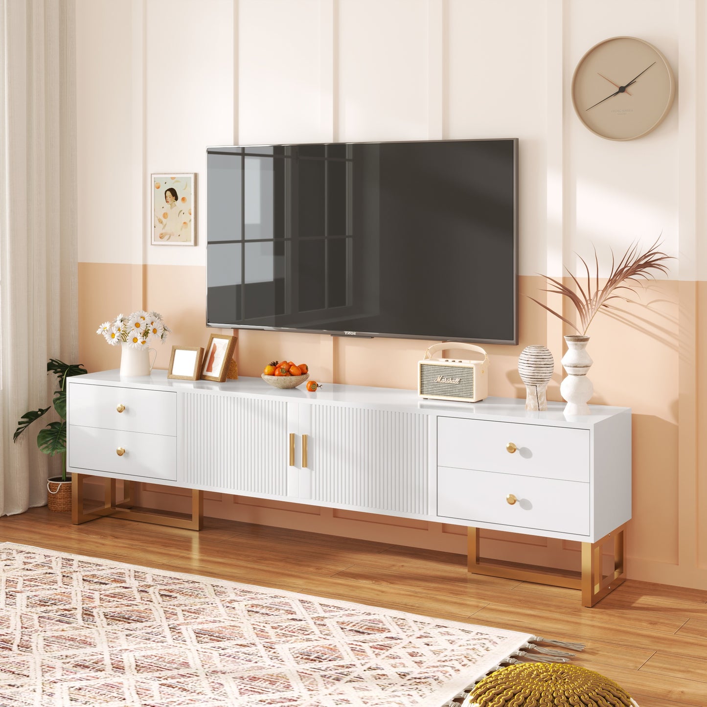 Modern White & Golden Metal TV Stand with Textured Doors & Drawers - Low Profile Media Console, Golden Accent Legs, Sturdy Construction for Living Room, Bedroom, Home Theater - Easy Assembly Required (No Wood)