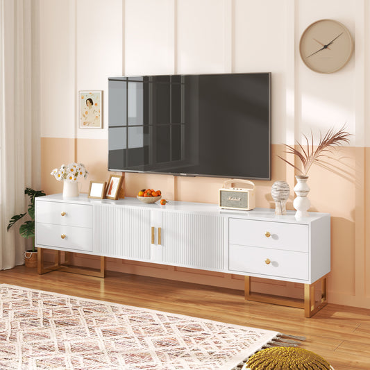 Modern White & Golden Metal TV Stand with Textured Doors & Drawers - Low Profile Media Console, Golden Accent Legs, Sturdy Construction for Living Room, Bedroom, Home Theater - Easy Assembly Required (No Wood)