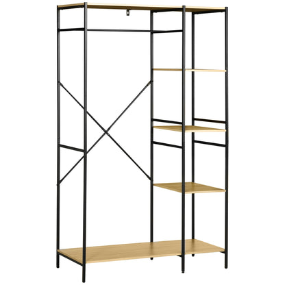 kledingrek – garderoberek – kledingstandaard – kledinghanger – droogrek – industrieel design – metalen frame met houten planken – 100x46x170,5 cm – inclusief wandbevestiging