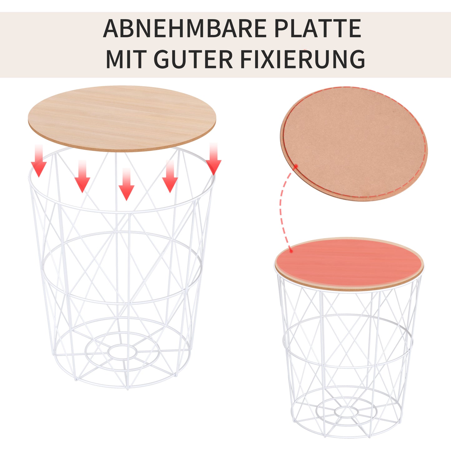 Salontafelset – Bijzettafel – Koffietafel – Woonkamertafel – Ronde Tafels – Met Afneembaar Houten Blad – Stevig Wit Metalen Frame