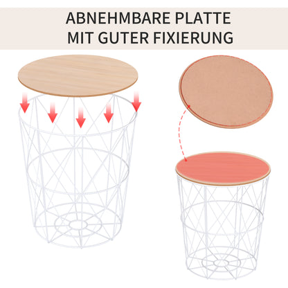 Salontafelset – Bijzettafel – Koffietafel – Woonkamertafel – Ronde Tafels – Met Afneembaar Houten Blad – Stevig Wit Metalen Frame