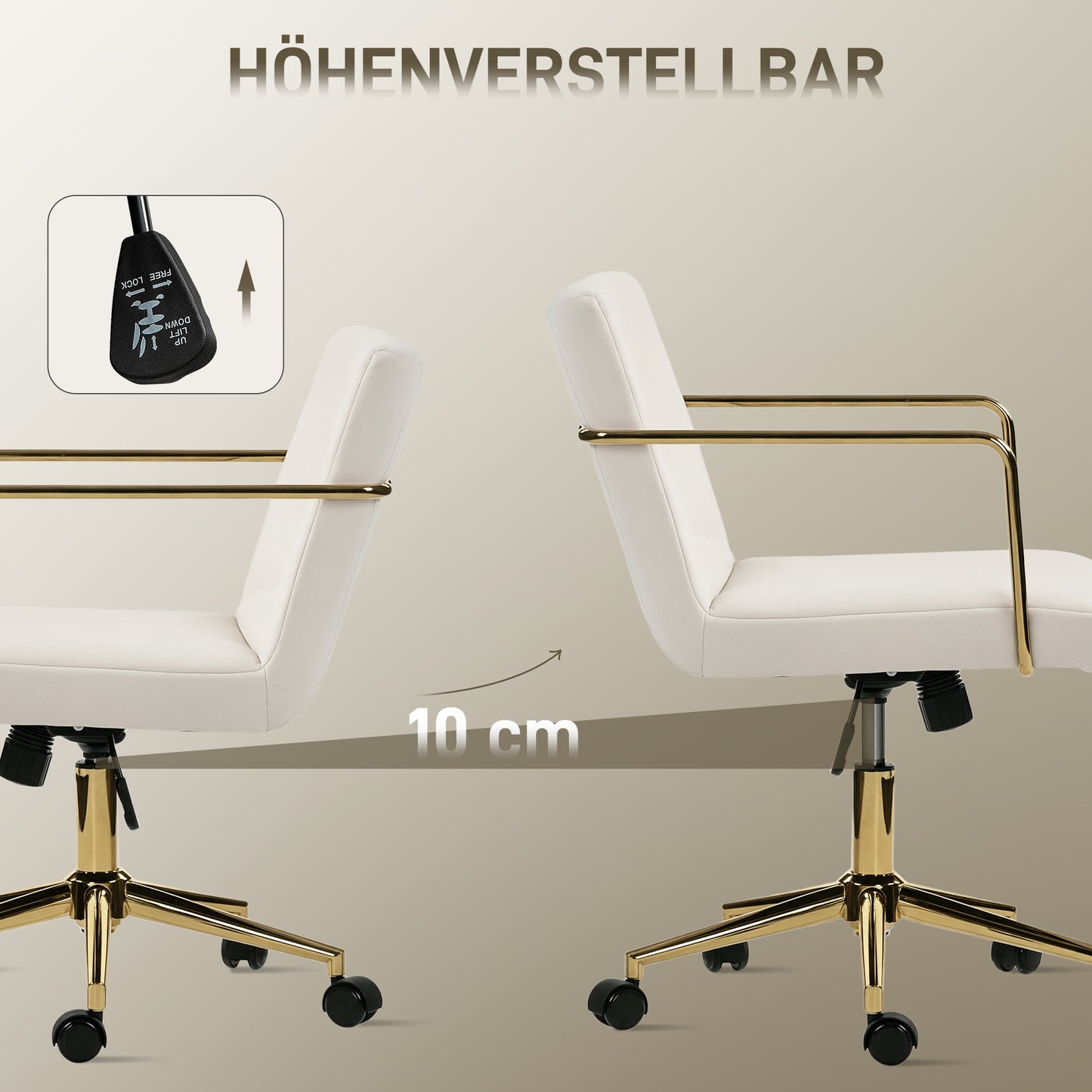 Bureaustoel – Kantoorstoel – Gamestoel – Draaistoel – Werkstoel – Velvet-Look Stof – Metaal Onderstel – Crèmekleur Met Gouden Accenten