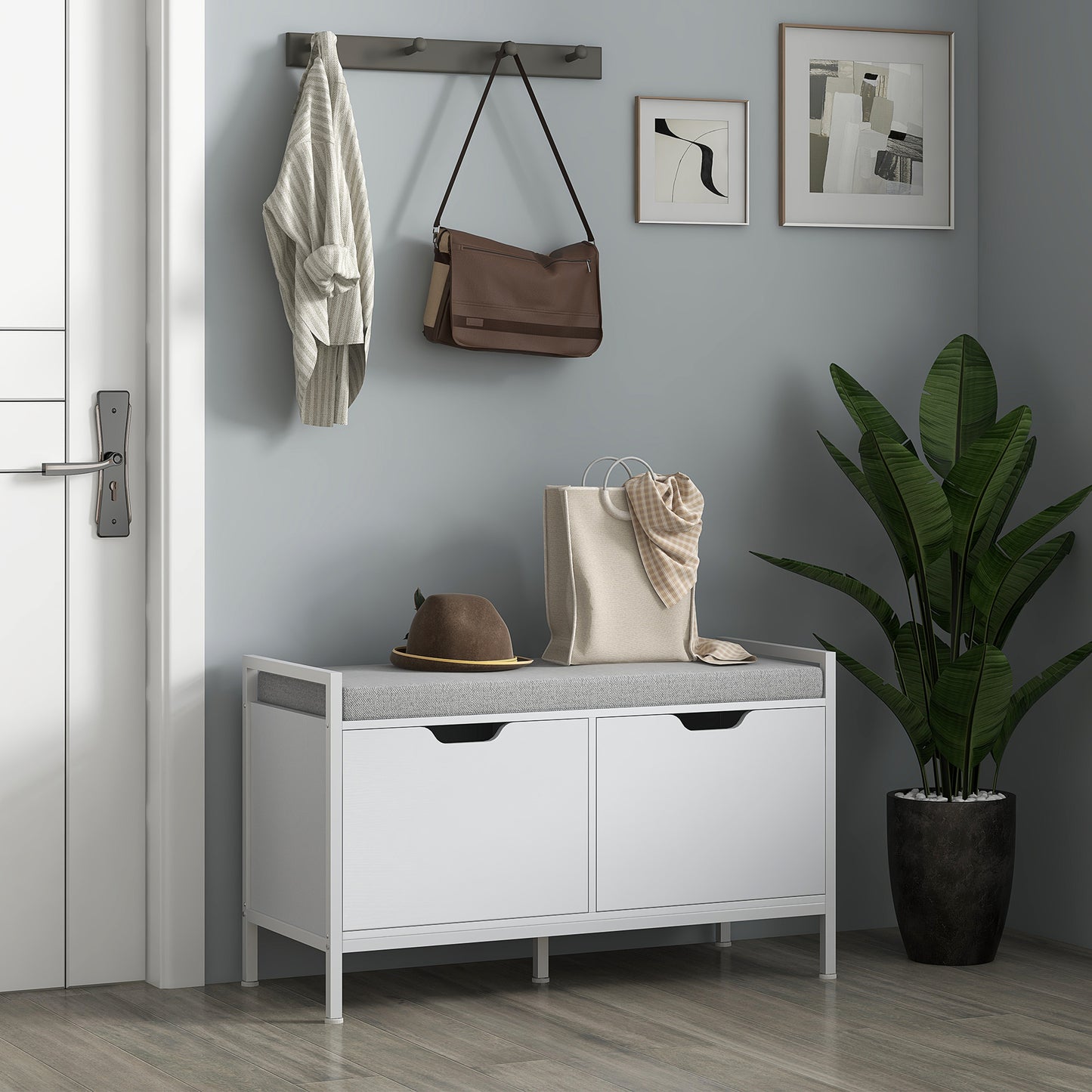 Schoenenkast – Schoenenbank – Schoenenrek – Opbergbank – Halmeubel – Wit – 2 Deuren – Comfortabel Zitkussen