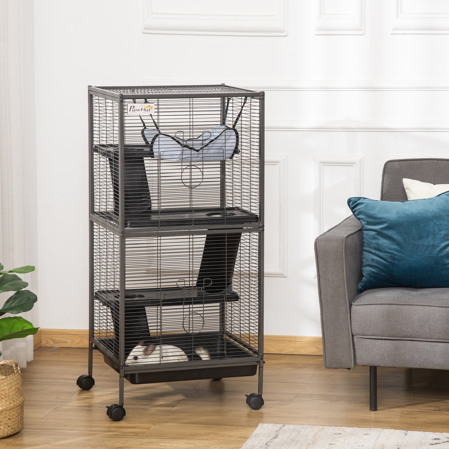 Dierenkooi Klein – Knaagdierkooi – Konijnenkooi – Hamsterkooi – Mobiel Dierenverblijf – Met 2 Deuren – Met Hangmat – 52 x 52 x 113,5 cm – Metaal Grijs