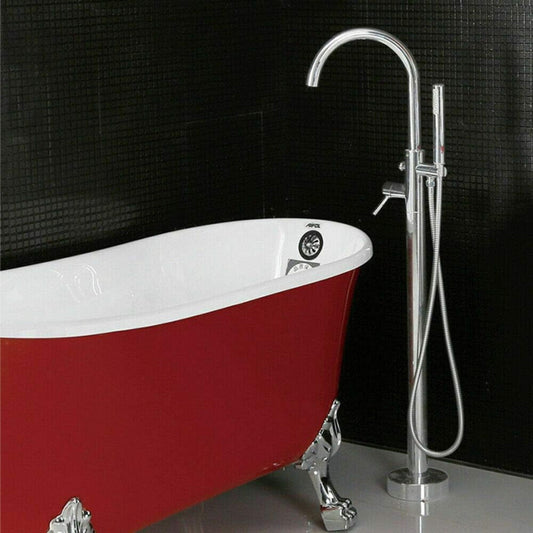 Badkraan – Vrijstaande Badkraan – Badmengkraan – Douchekraan – Badkuipkraan – Chroomgekleurd Messing – Vloerbevestiging – Met Handdouche – Instelbare Hoogte 118 cm