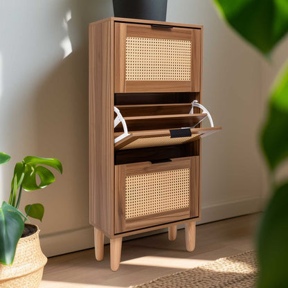 Schoenenkast – Schoenenrek – Schoenopberger – Schoenenmeubel – Schoenenhouder – 3-laags houten kast met rattan – Compact design 55x25x124 cm