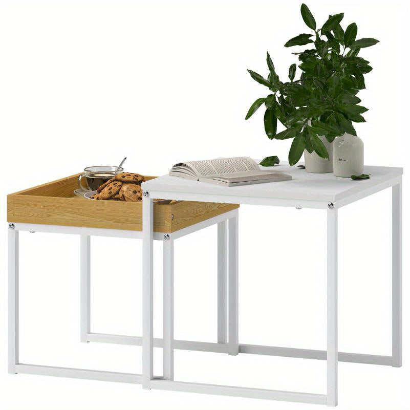 Salontafel Set – Koffietafel – Bijzettafel – Woonkamertafel – Hoektafel – White Oak Houten Blad – Stevig Stalen Frame – Draagkracht 30 kg – Weerbestendig Design