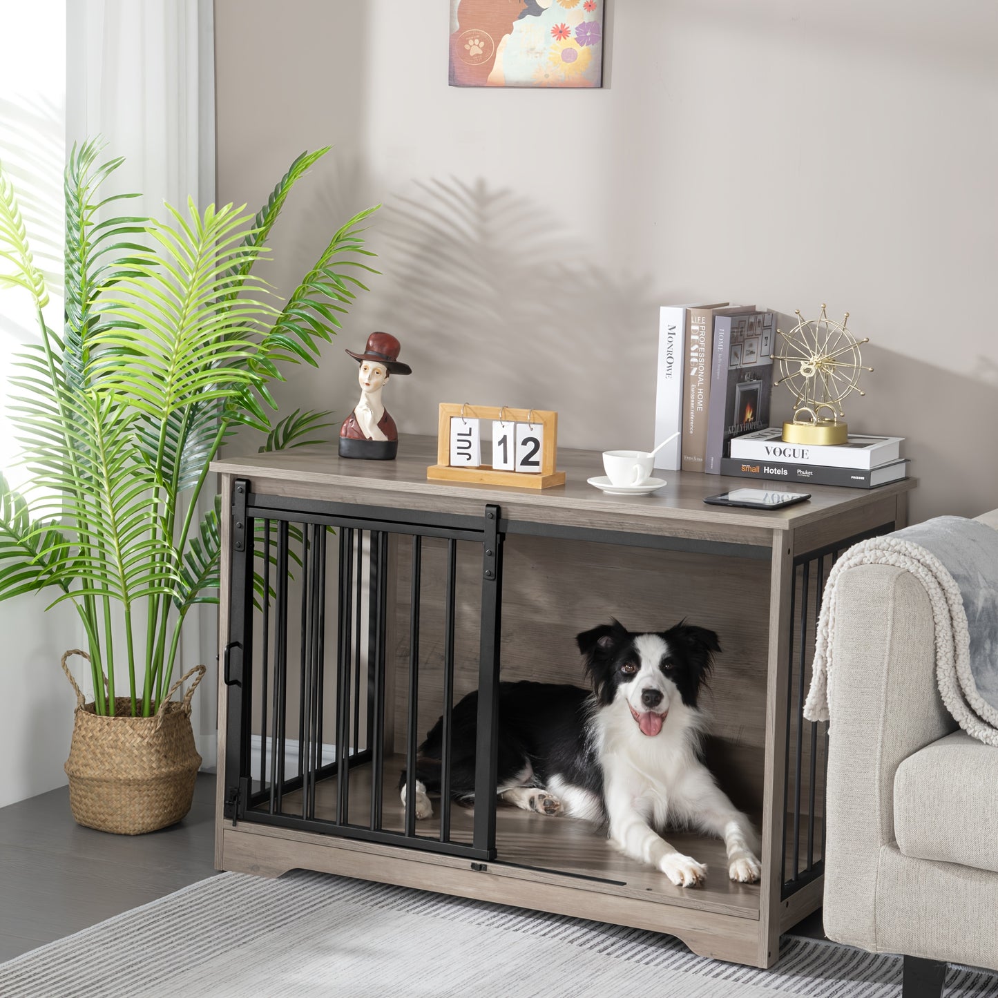 Hondenbench – Hondenkooi – Hondenkist – Hondenren – Hondenhok – Modern Licht Ivoor – Schuifdeuren Met Dubbel Sluitsysteem – Stevig Antiknaagsysteem – Geschikt Voor Kleine Tot Grote Honden – 60x100x68 cm – Hout En Staal