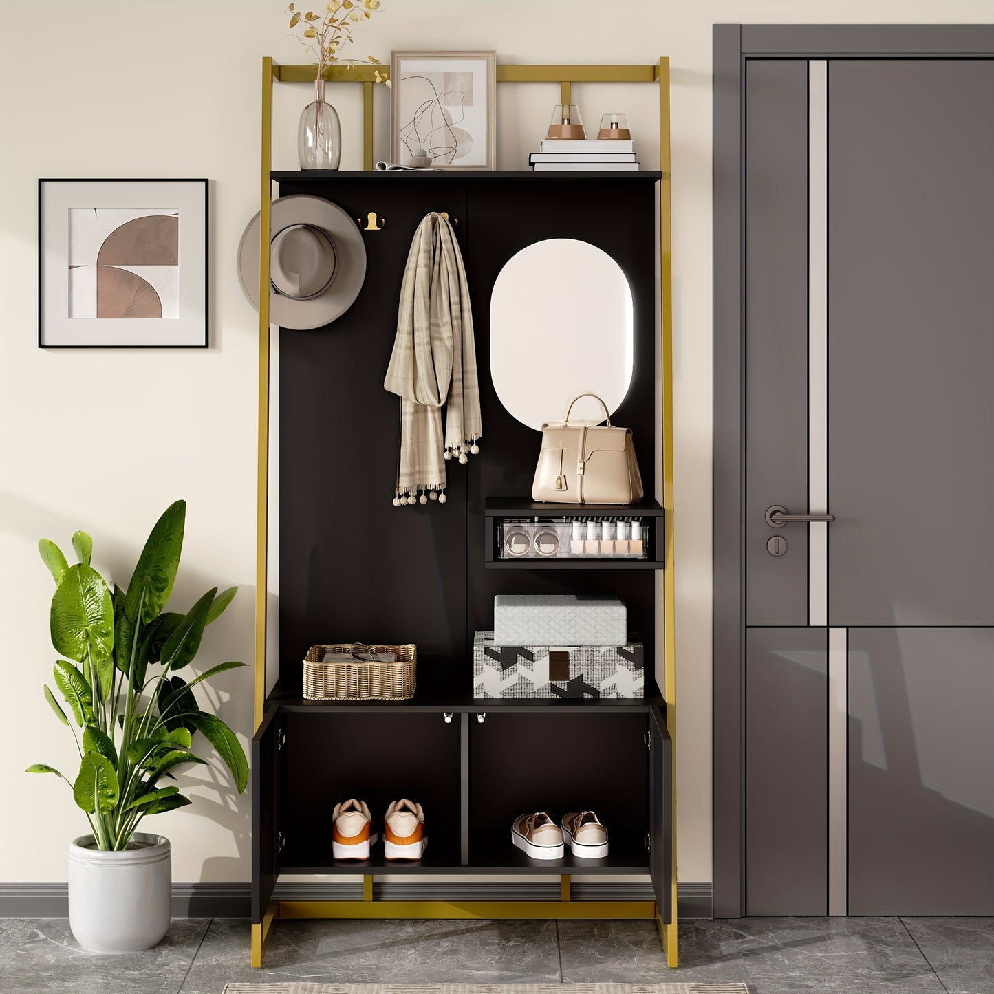 Multifunctionele Kast – Kledingkast – Schoenenbank – Spiegelkast – Opbergkast – Vrijstaand – Geen Montage – Ruimtebesparend – Duurzaam Niet-Houten Materiaal – Zwart