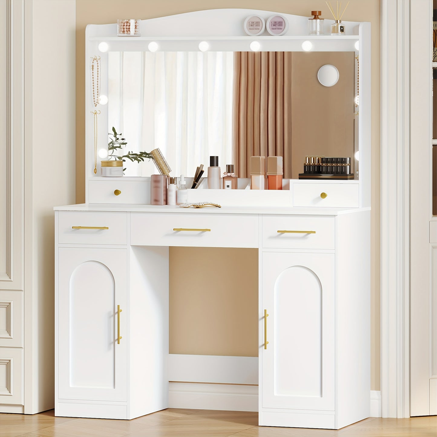 Kaptafel – Make-up tafel – Schminktisch – Dressing Table – Toilettafel – Met HD Spiegel – 3 Kleuren LED Verlichting – 5 Lades & 2 Opbergkasten – Wit – 40x108x149 cm