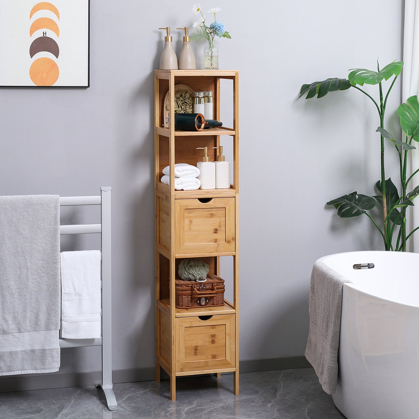 Kleankin Bathroom Column Cabinet Tall Storage Cabinet in Bamboo 2 Removable Drawers And 3 Shelves - Natural Design - 30 X 30 X 140 Cm Natural