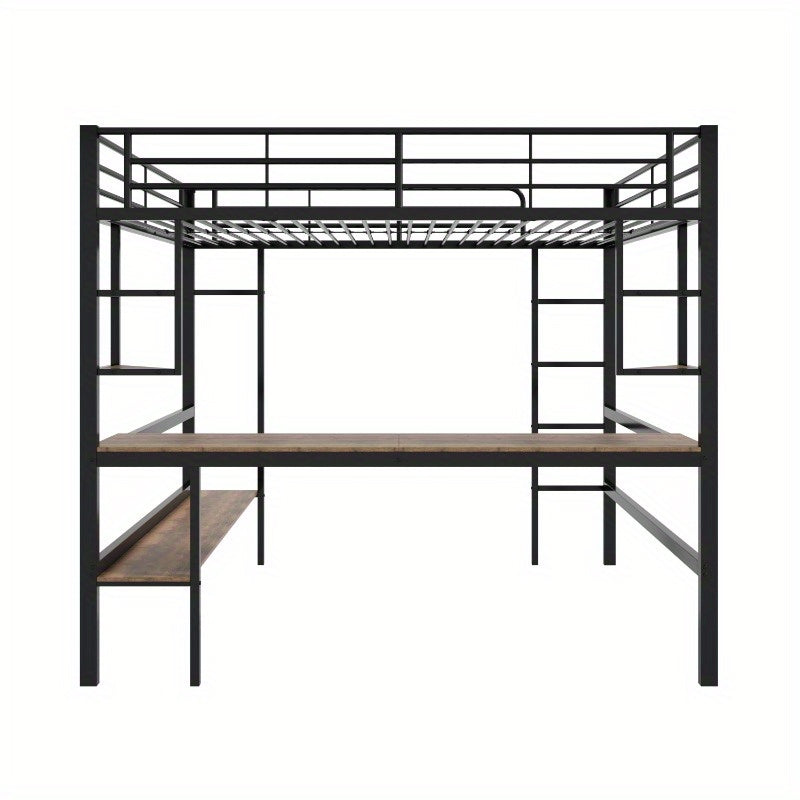 Hoogslaper – Metalen Bed – Stapelbed – Loftbed – Werkplek Bed – Ingebouwd Bureau – Opbergrekken – Stevige IJzeren Constructie – Ruimtebesparend Ontwerp