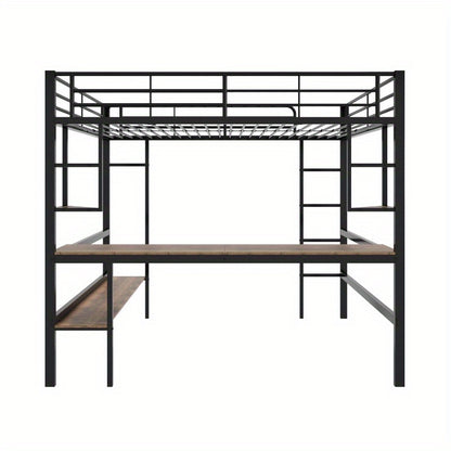 Hoogslaper – Metalen Bed – Stapelbed – Loftbed – Werkplek Bed – Ingebouwd Bureau – Opbergrekken – Stevige IJzeren Constructie – Ruimtebesparend Ontwerp