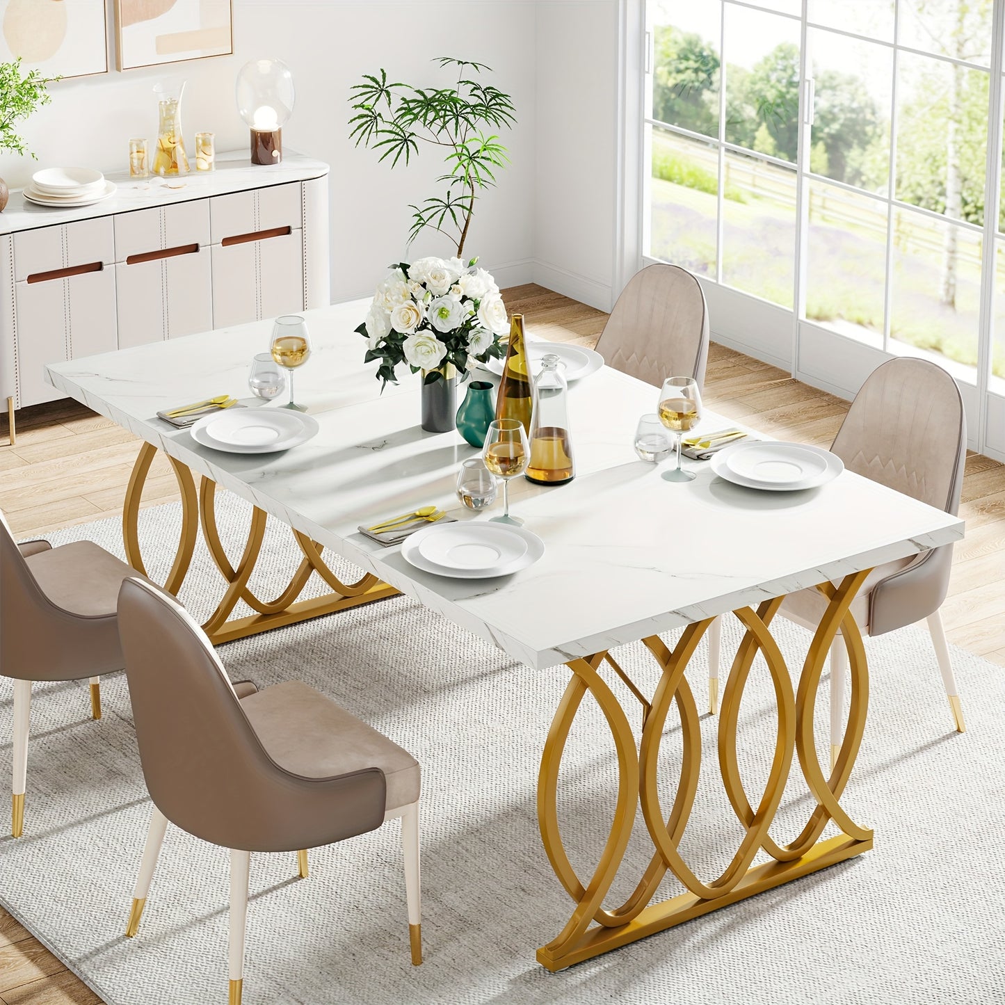 Eettafel – Tafel – Dinertafel – Keukentafel – Dining Table – Grote Witte & Gouden Rechthoekige Eettafel – MDF Marmerlook Blad – Stevig Metalen Frame 81,65 KG draagvermogen