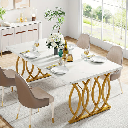 Eettafel – Tafel – Dinertafel – Keukentafel – Dining Table – Grote Witte & Gouden Rechthoekige Eettafel – MDF Marmerlook Blad – Stevig Metalen Frame 81,65 KG draagvermogen