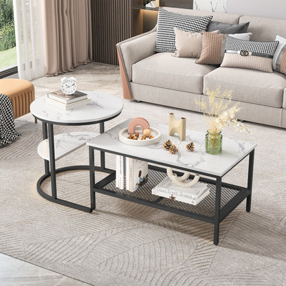 Salontafel – Woonkamertafel – Bijzettafel – Koffietafel – Tafelset – Kunstmarmeren Blad – Metalen Frame – 2-in-1 Rond en Rechthoekig – Opbergruimte