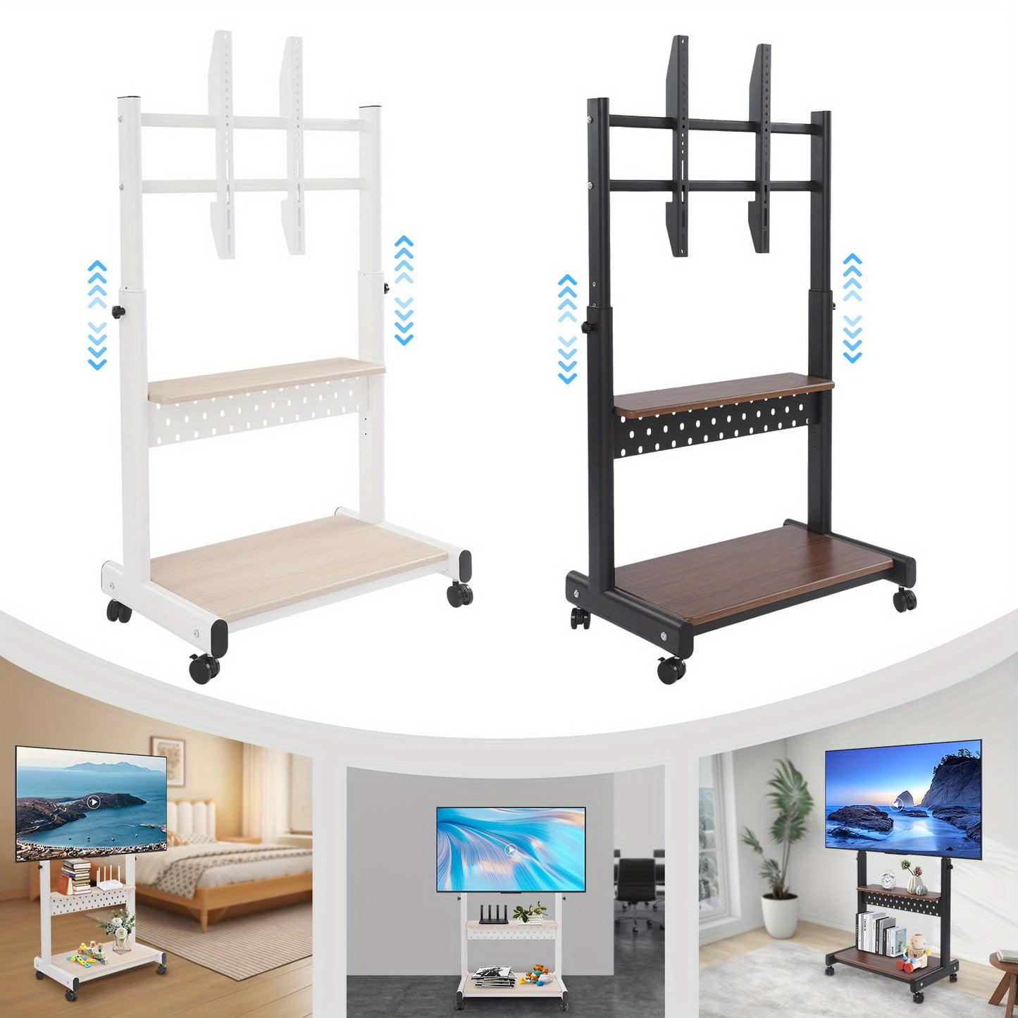 Verstelbare TV-standaard – TV-meubel – TV-houder – TV-onderstel – TV-rack – Zwenkwielen – Verstelbare Hoogte 108,5-128,5 cm – Zwart