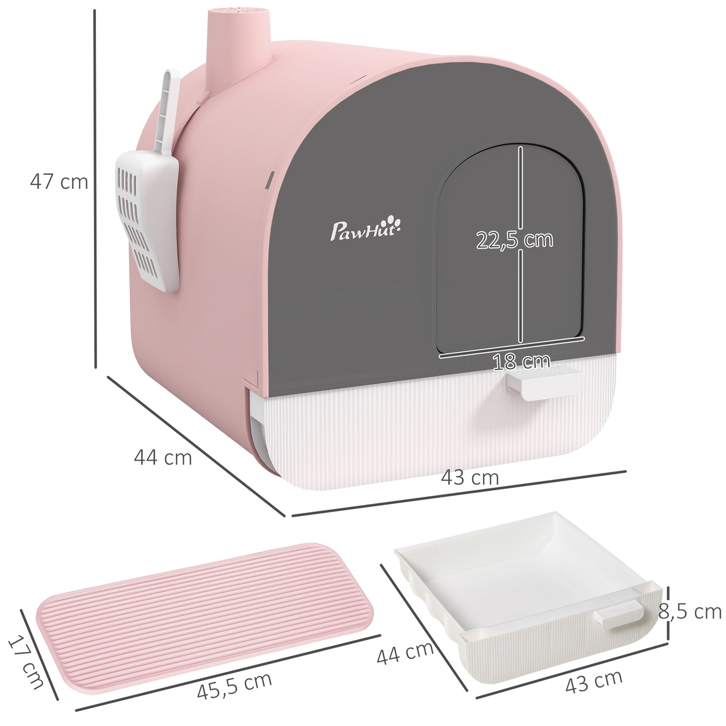 Kattentoilet – Kattenbak – Kattentoilet Met Deksel – Kattenbaksysteem – Kattenbak Met Schep – Gesloten Design – Inclusief Kattenbakmat – Duurzaam Kunststof – Roze/Zwart