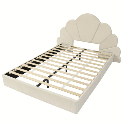 Tweepersoonsbed – Bed – Slaapbed – Logeerbed – Bedframe – Beige Bamboe Frame – Bloemblad Hoofdbord – Compact 140x200 cm – Eenvoudige Montage