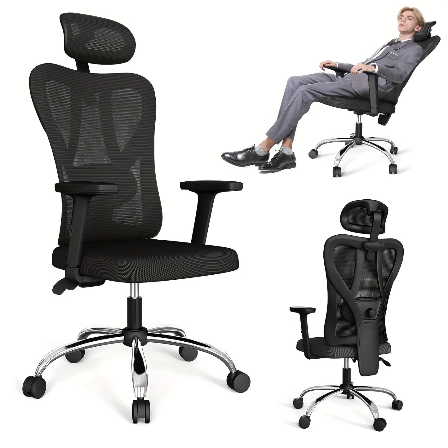 Ergonomic Office Chair with Lumbar Support, Headrest & Armrests - Adjustable Height and Swivel Function, Metal Frame, Supports Up to 299.82KG