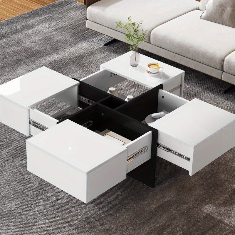 Salontafel – Woonkamertafel – Koffietafel – Tafel – Bijzettafel – Hoogglans Zwart – Vierkant 70x70x35 cm – 4 Opbergladen – Max. Belastbaar 30 kg