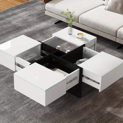 Salontafel – Woonkamertafel – Koffietafel – Tafel – Bijzettafel – Hoogglans Zwart – Vierkant 70x70x35 cm – 4 Opbergladen – Max. Belastbaar 30 kg
