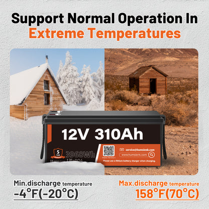 12V 310Ah LiFePO4 Accu – Lithium Accu – Caravan Accu – Boot Accu – Energieopslag Batterij – 3968Wh Capaciteit – 100A BMS Bescherming – Laagtemperatuur Beveiliging