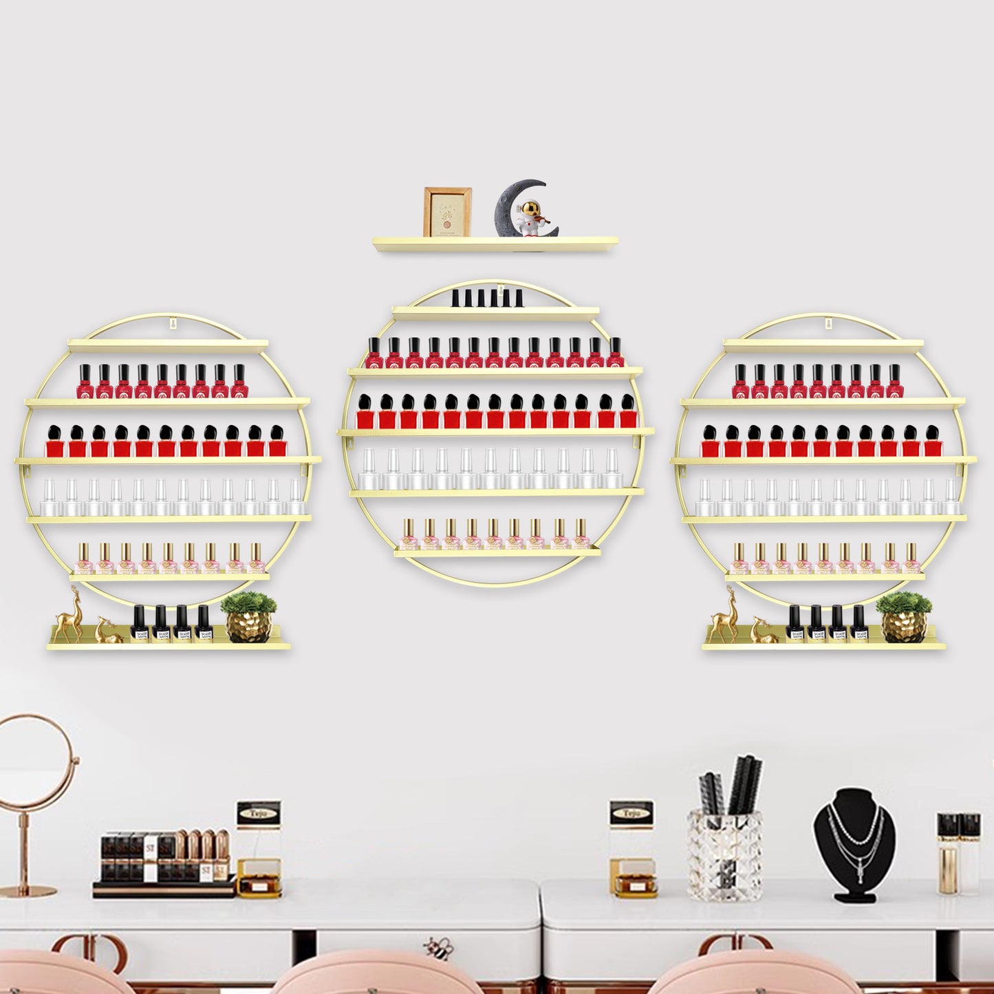 Circular Five-Layer Iron Nail Polish Gel Display Rack Six-Piece Set - Golden