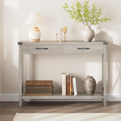 Industrial 78.74cm Console Table with Drawers & Open Shelf - Solid Narrow Sofa Table, Grey/Black-Finished Entryway Hall Table, Space-Saving 2-Tier for Living Room, Corridor, No Assembly Required (Modern Farmhouse Style)
