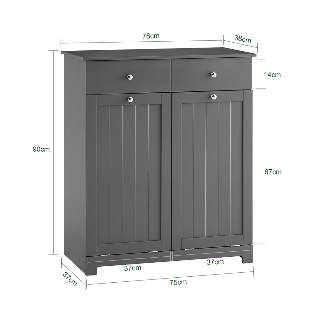 Badmeubel – Badkamerkast – Wasmand Meubel – Opbergkast – Waskast – Met Twee Lades – Twee Waszakken 45L – Scandinavisch Design – Compact Grijs Hout