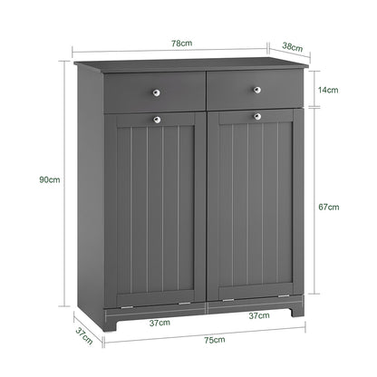 Badmeubel – Badkamerkast – Wasmand Meubel – Opbergkast – Waskast – Met Twee Lades – Twee Waszakken 45L – Scandinavisch Design – Compact Grijs Hout
