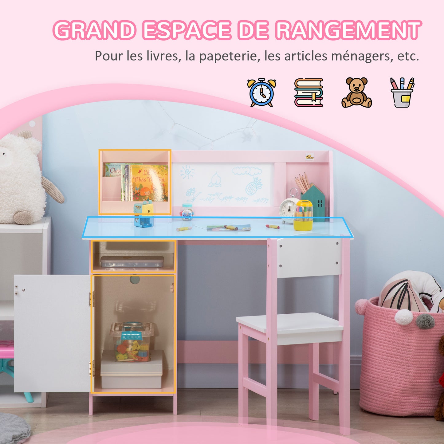 Kinderbureau – Kindertafel – Kinderschrijftafel – Kinderwerkplek – Kindermeubelset – Inclusief Whiteboard – MDF Roze 90x45x85 cm
