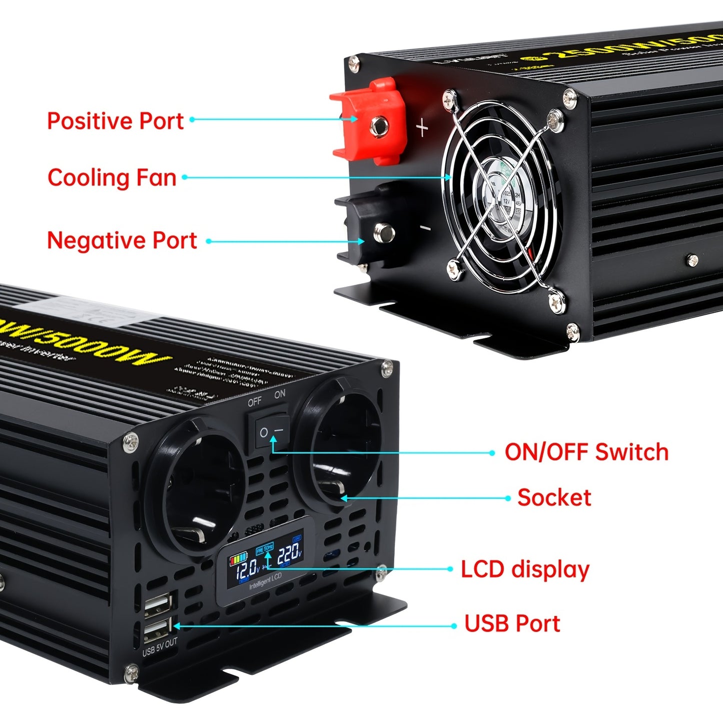 Omvormer 3000W – Stroomomzetter – Spanningsomzetter – Inverter – Power Converter – 6000W Piekvermogen – LCD-Display – 2x AC Uitgang & 2x USB Poorten