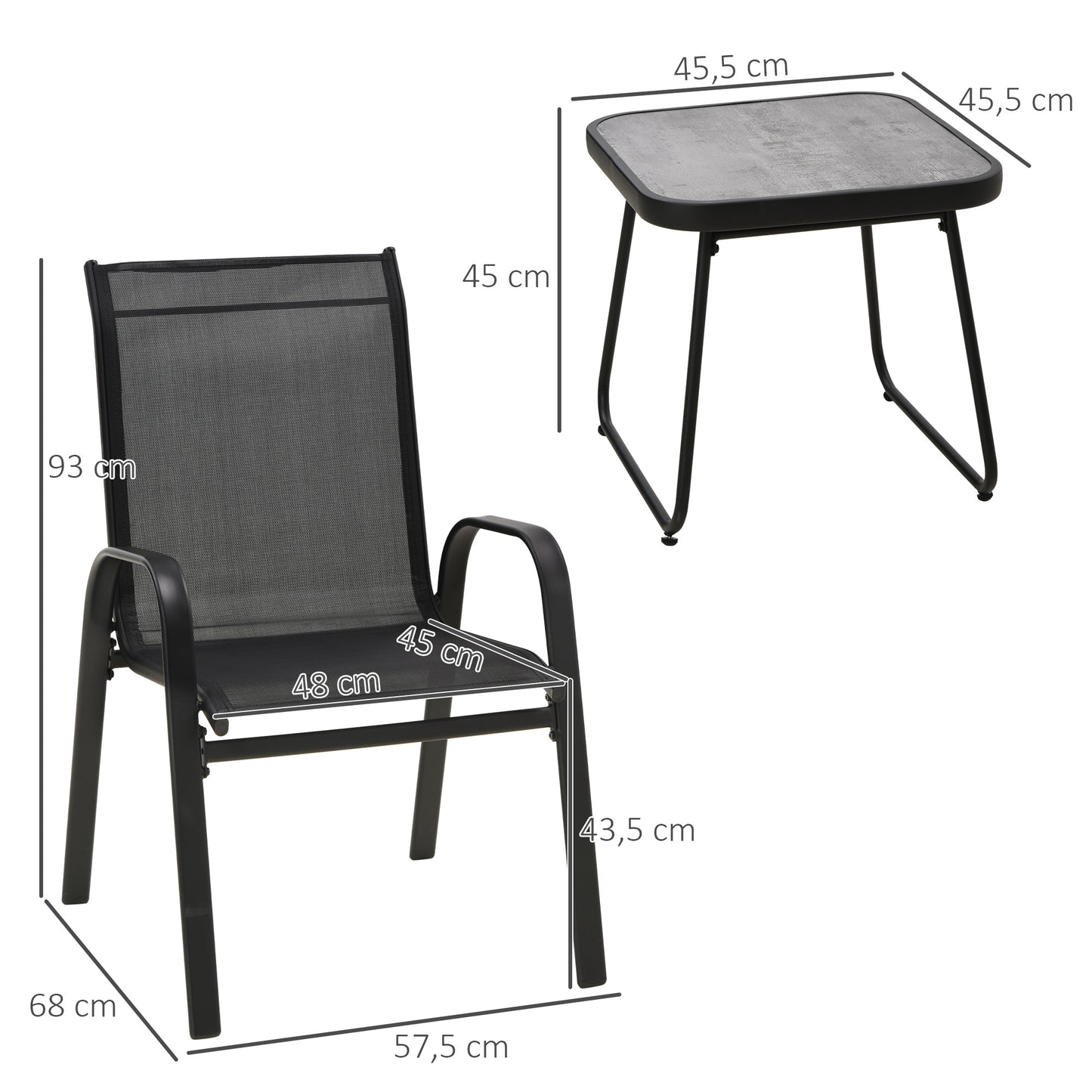 3-delige Tuinset – Tuinmeubelset – Balkonset – Loungeset – Terrasmeubel – Stapelbare Stoelen – Weerbestendig Stalen Frame – Vierkante Koffietafel