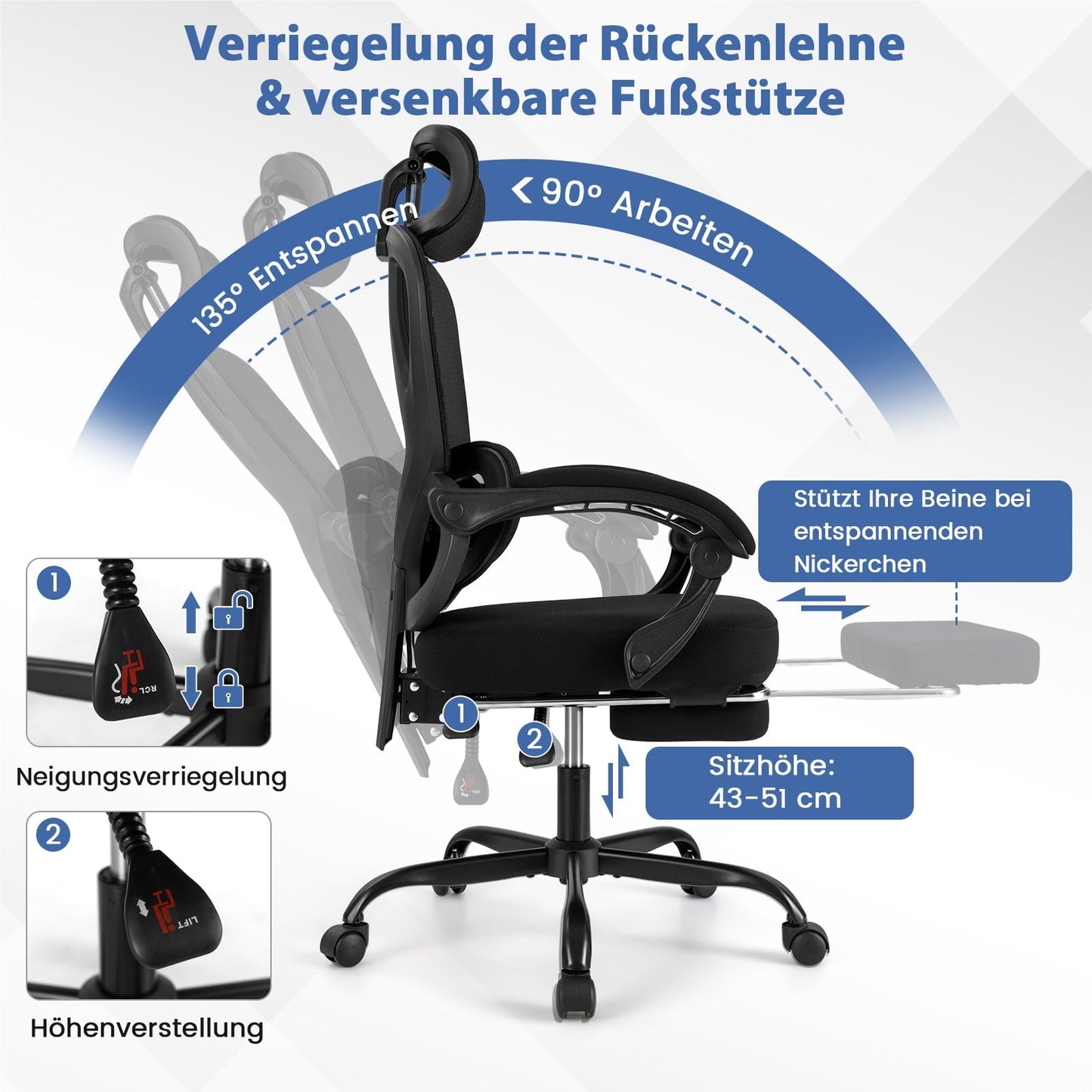 Ergonomische Bureaustoel – Bureaustoel – Werkstoel – Computestoel – Draaistoel – Uitschuifbare Voetsteun – Verstelbare Rugleuning & Hoofdkussen – Ademend Mesh Materiaal