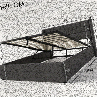 Tweepersoonsbed – 2-Persoonsbed – Bedframe – Bed – Slaapbed – Verstelbare Hoogte – Dubbele Laag Opbergruimte – 140x200 cm – Grijze Linnen Bekleding