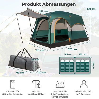Kampeertent – Familietent – Tunnel Tent – Grote Tent – 2-Kamer Tent – Waterdicht Oxford Polyester – Ruime Voortent Met Zonnescherm – Voor 4-6 Personen – Groen