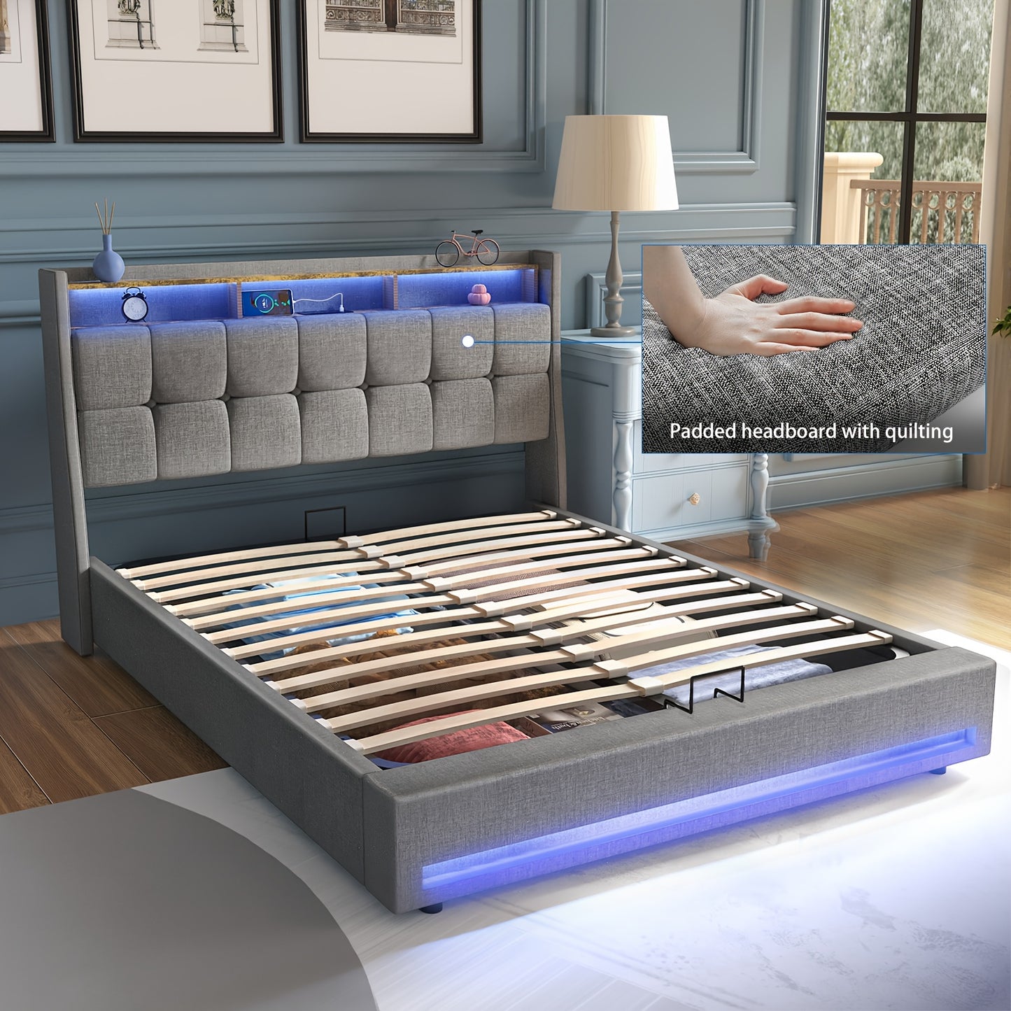 Opberglift Bed – Opbergbed – Slaapbank – Bedframe – Liftbed – 140x200 cm – Hydraulische Opbergruimte – LED-Verlichting