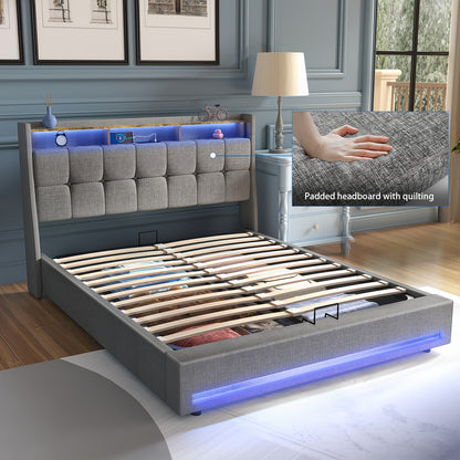 Tweepersoonsbed – Opbergbed – Bedframe – Gasliftbed – Bed Met LED-Verlichting – 140x200 cm – Hydraulische Opbergruimte – Grijs Linnen Bekleed