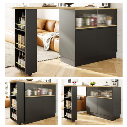 Modern 360° Rotating Bar Table with Shelves & Glass - 90x45x100cm Multifunctional Metal Frame, Minimalist Design for Kitchen & Dining Room, Space-Saving Storage Solution, Easy Assembly, No Power Needed, Sleek Finish, Contemp