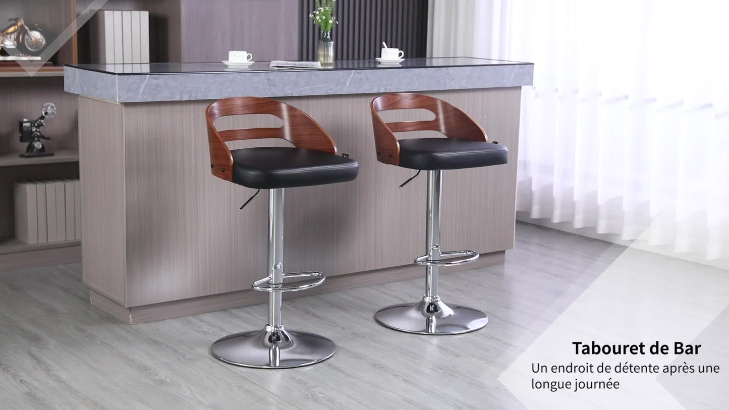 Barkrukken – Barstoelen – Krukken – Hoge Stoelen – Set Van 2 – Verstelbare Hoogte – 360° Draaibaar – PU Leder Zitting – Houtlook Rugleuning – Bruin/Zwart/Chroom