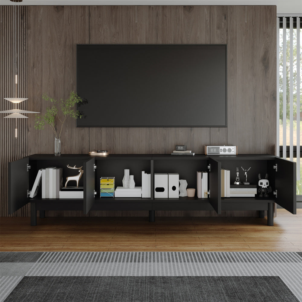 Modern Curved Wave Door TV Stand with Sturdy Metal Frame & Storage Shelves - Black Entertainment Center with TV Bracket, Space-Saving Design for Living Room, No Assembly Required (Non-Wood Material), Media Console, Contempora